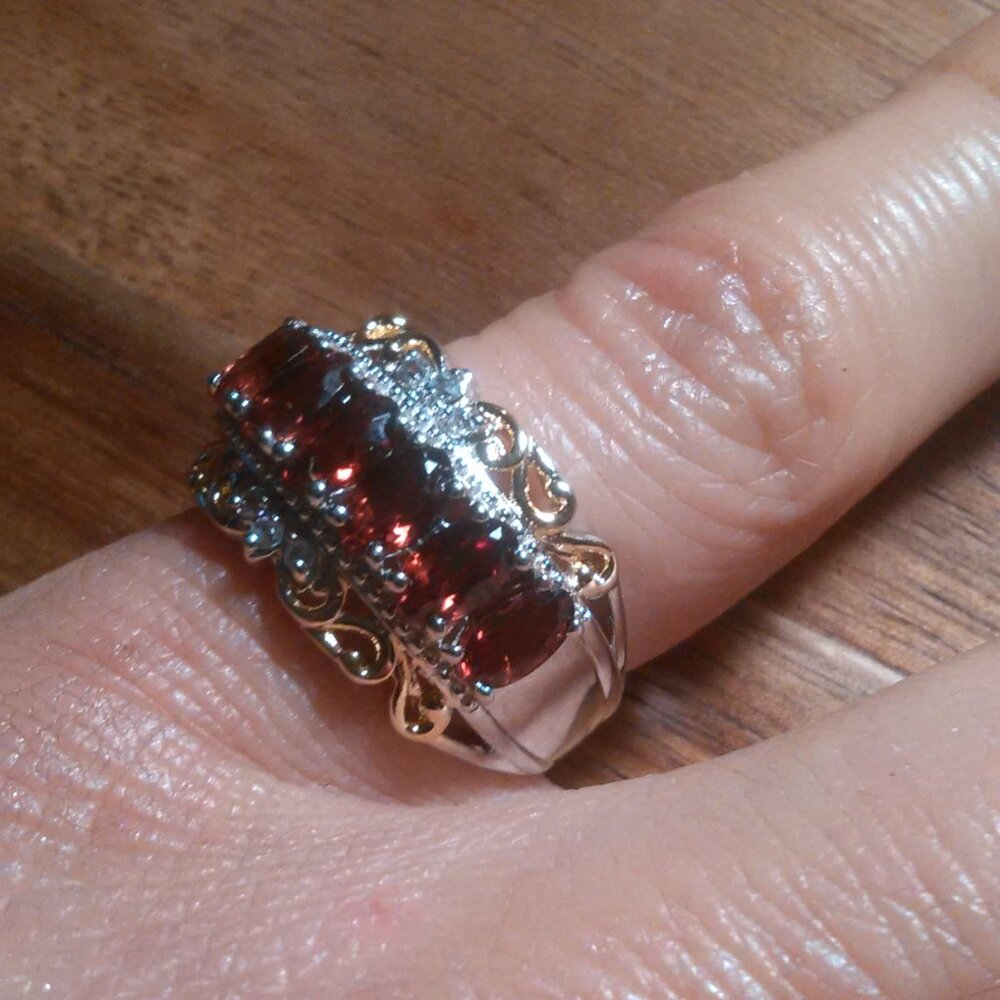 Mozambique Garnet and White Zircon Brass Ring (Size 5) - Picture 2 of 12